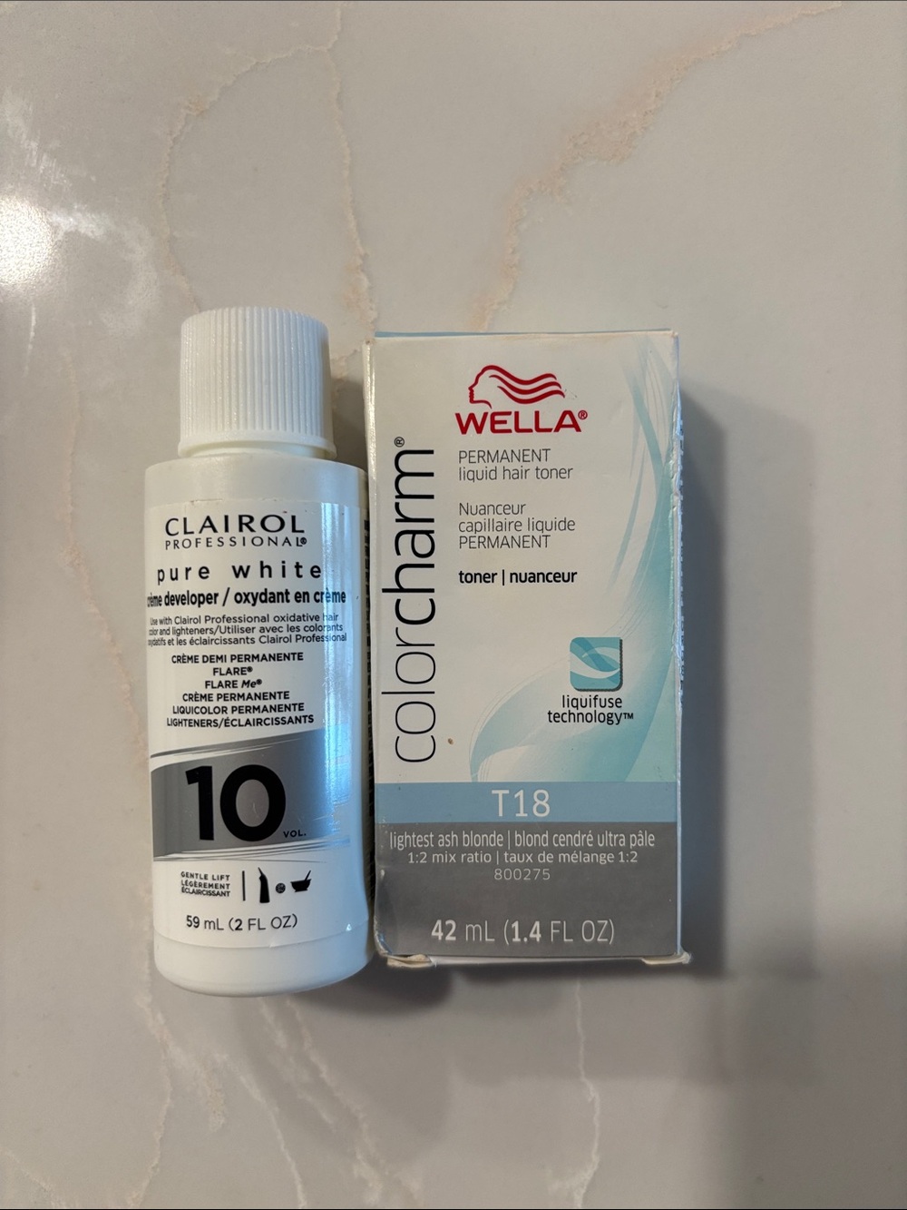 Wella Colorcharm T18 Pale Ash Blonde Toner with Clairol 10 Vol Developer